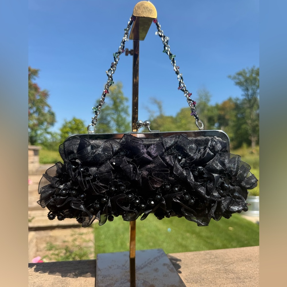 EUC! Vintage Chic Black Ruffled Evening Clutch Bag Beaded Handle